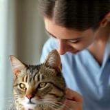 Friendly veterinarian comforting a senior cat