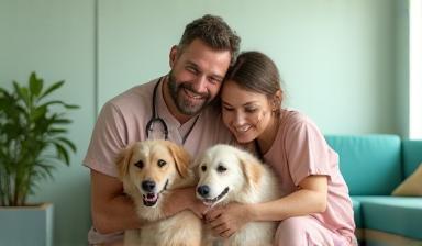 Smiling pets and owners at the clinic waiting area