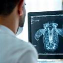 Veterinarian using diagnostic equipment